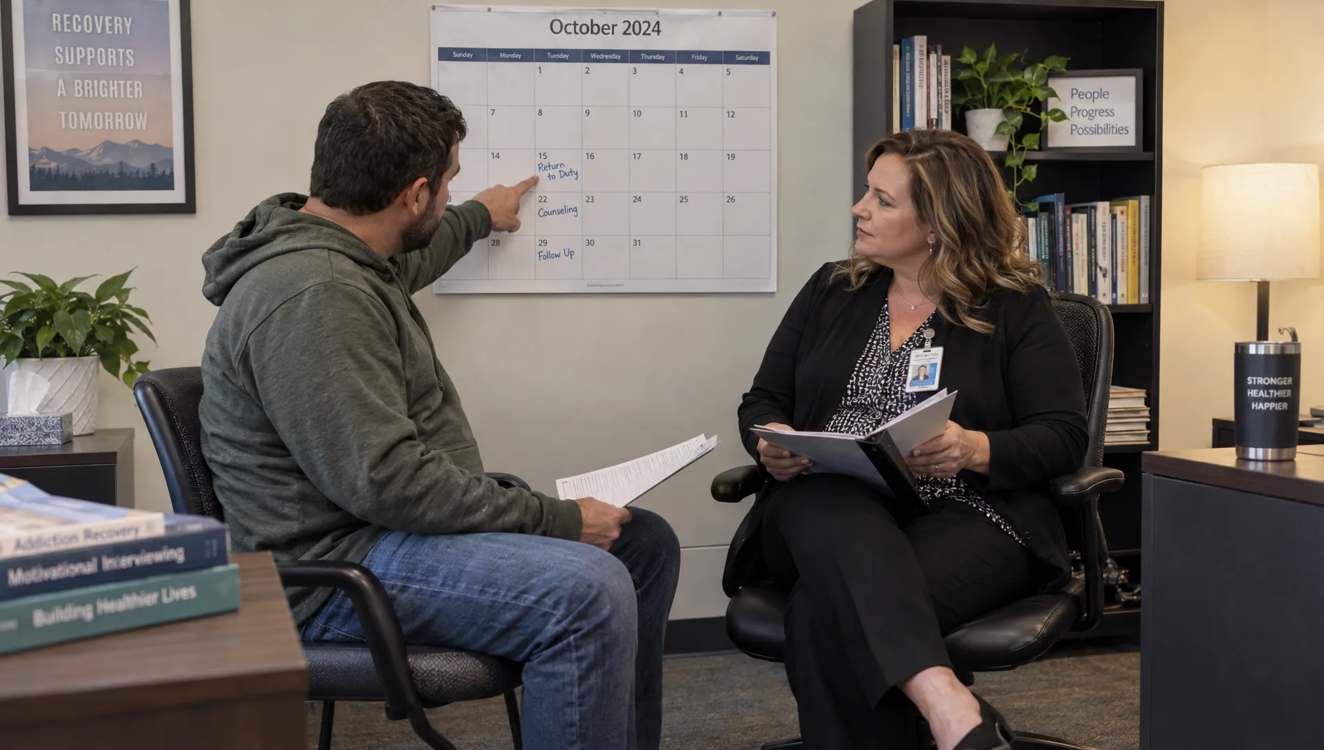A client and SAP evaluator review treatment attendance and return-to-duty dates during a relapse reassessment.