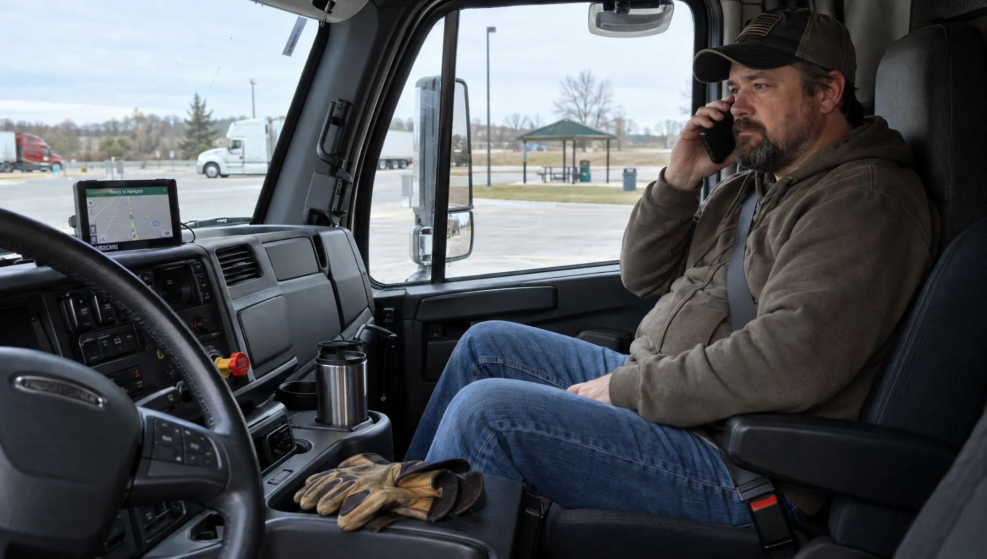 A commercial driver speaks on the phone from a parked truck at a rest area while addressing a relapse-related SAP evaluation.