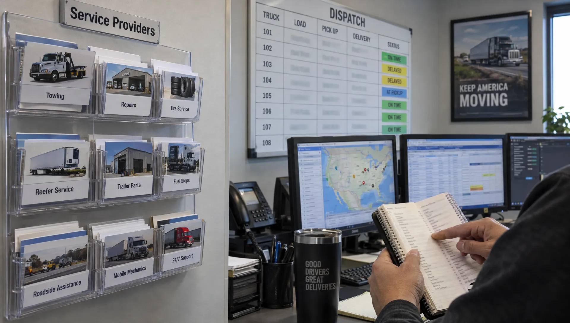 A dispatcher checks a SAP provider’s name on a referral card beside a directory in a commercial trucking office.