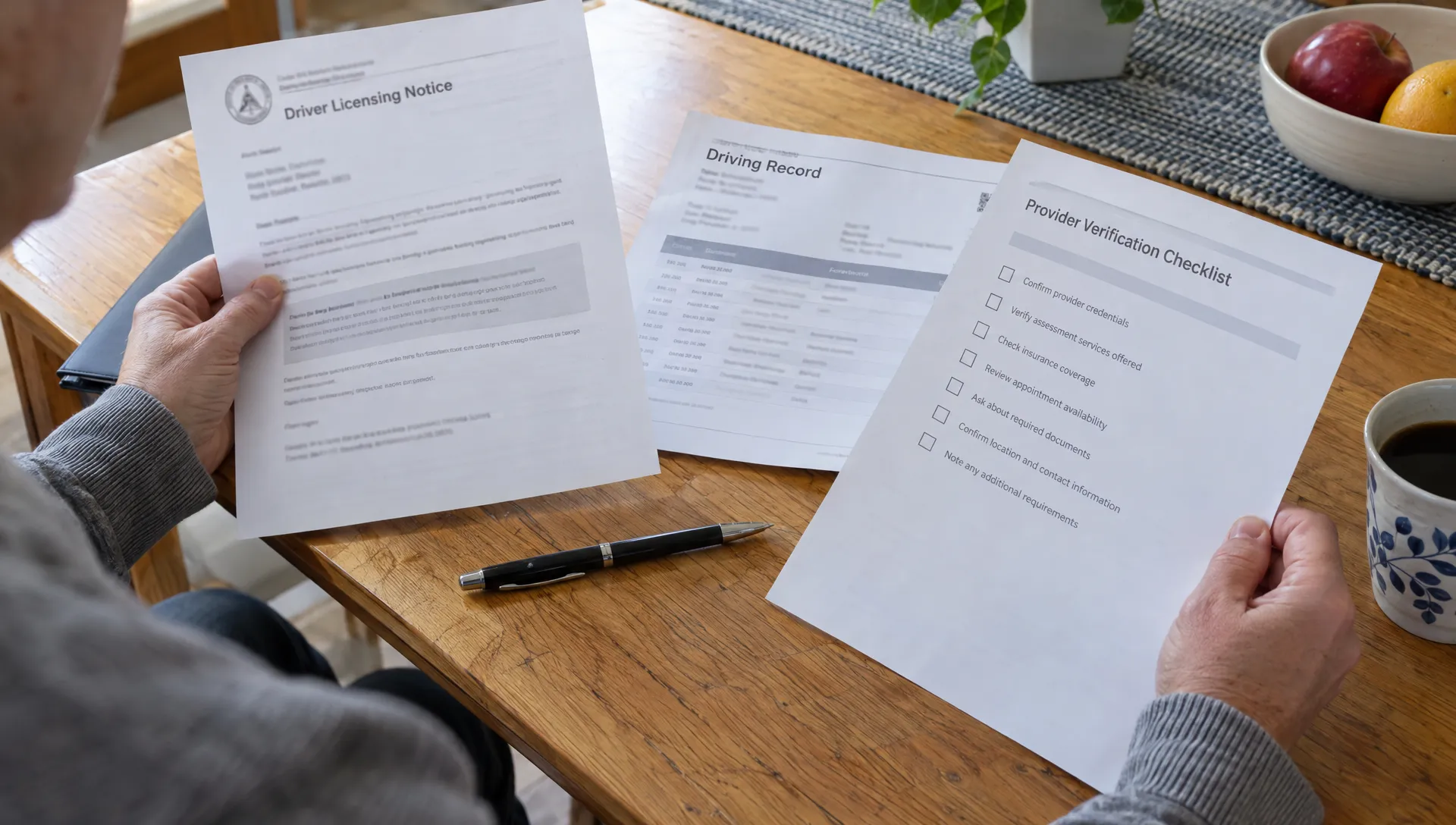 A driver checks a licensing notice, driving record, and provider checklist while preparing for a substance abuse assessment for drivers license reinstatement.