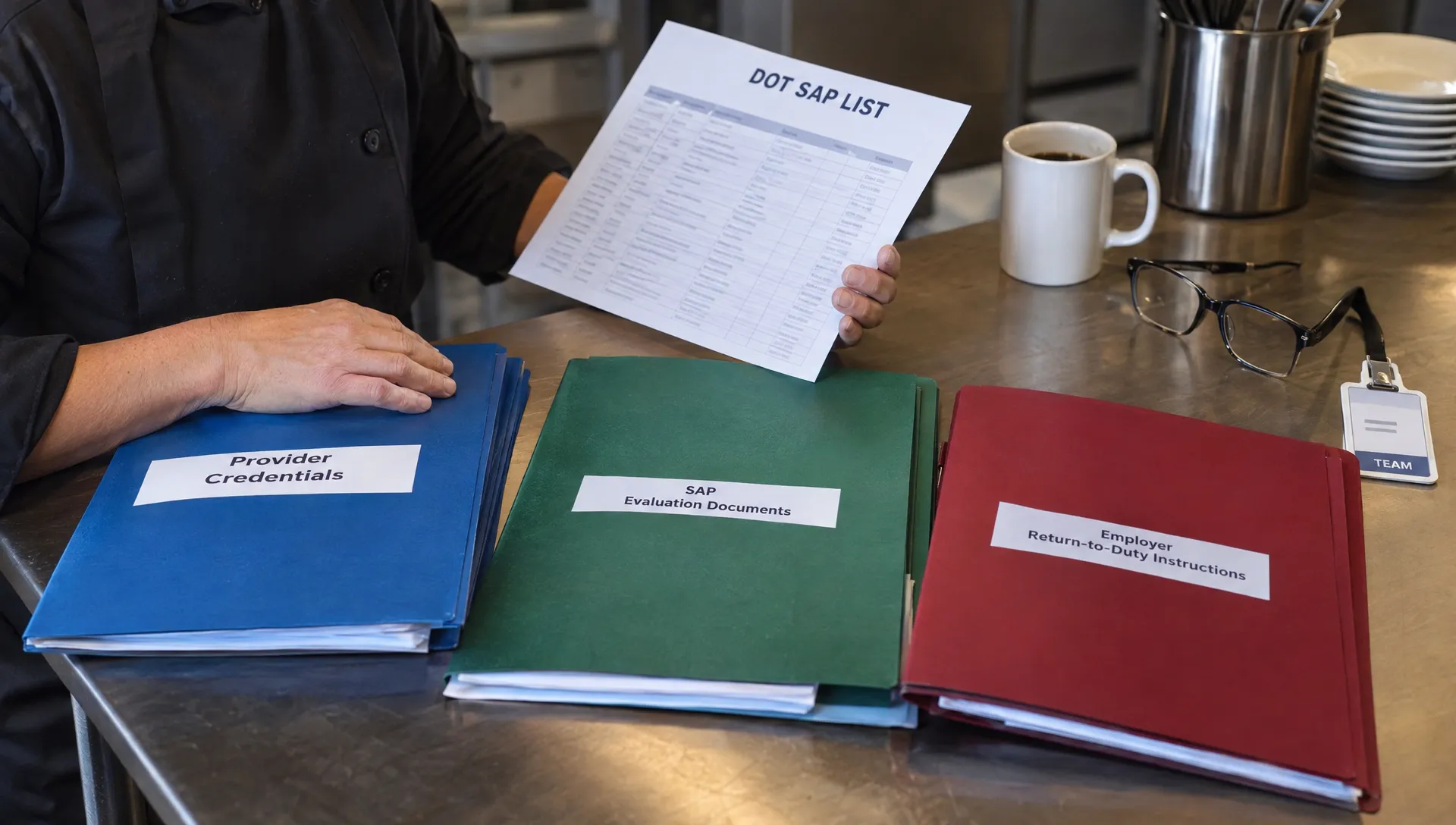 A driver compares a DOT SAP list with separate folders for provider credentials, evaluation records, and employer return-to-duty instructions.