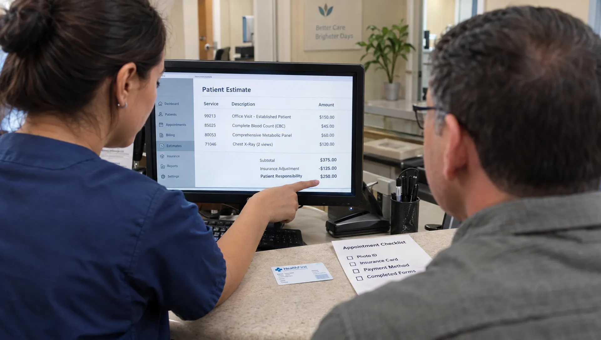 A patient and billing staff member review an estimate and insurance details for alcohol screening services.