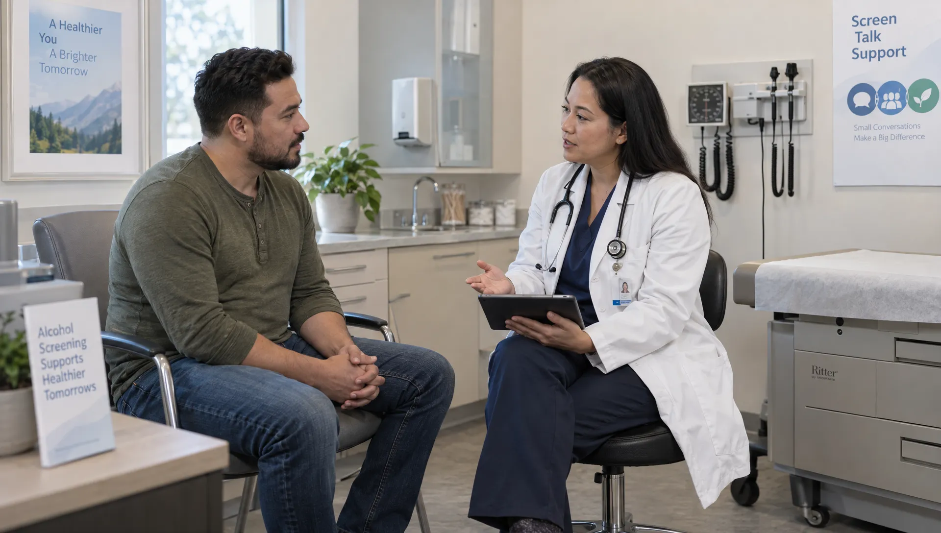 A patient and clinician discuss alcohol screening and possible follow-up care in an examination room.