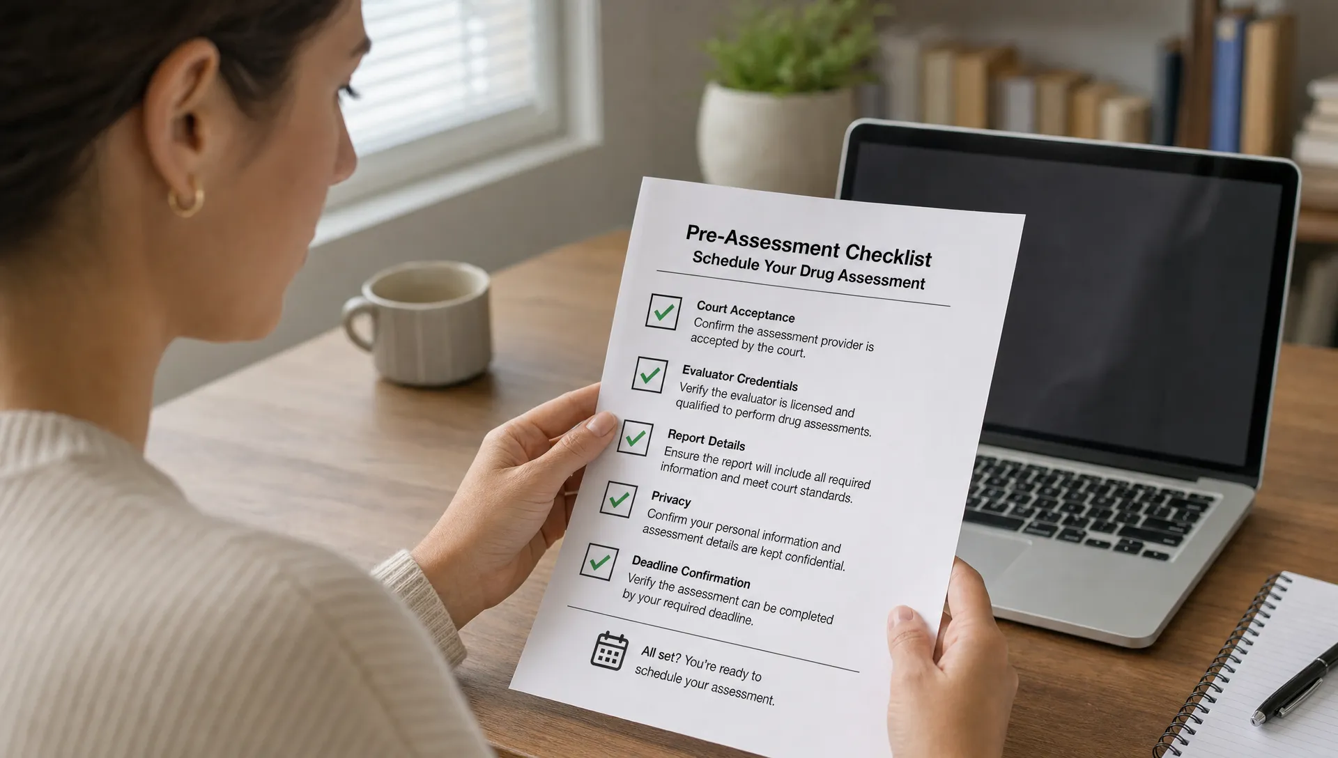 A person reviews a checklist for court acceptance, evaluator credentials, report details, privacy and deadline confirmation before scheduling a drug assessment.