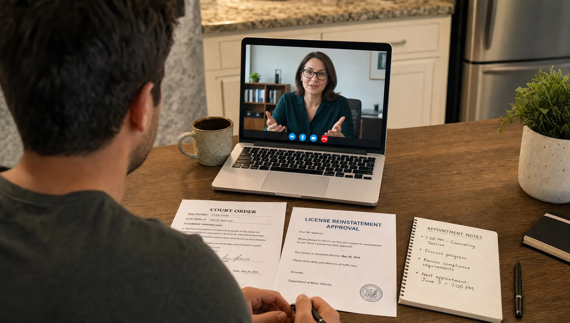 A person reviews court and reinstatement paperwork during a telehealth drug and alcohol counseling session.