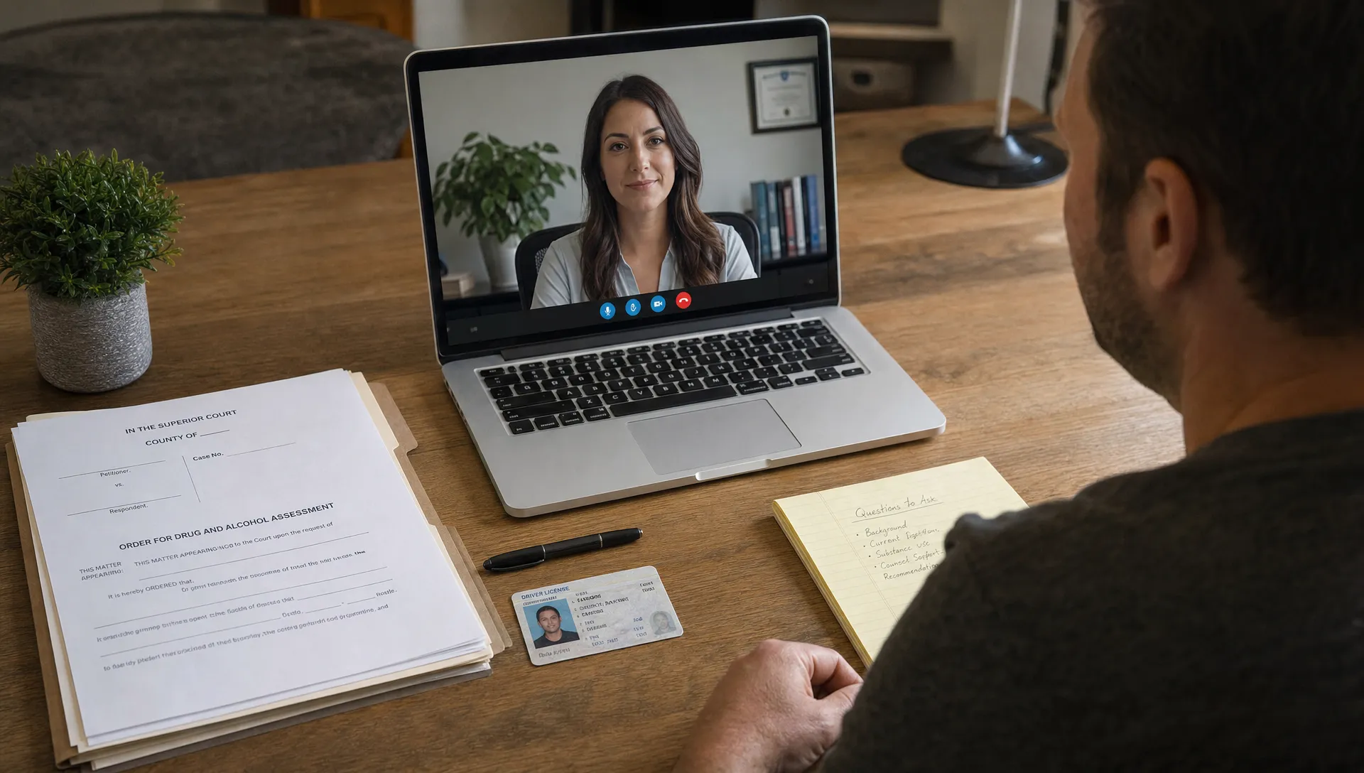 A person sits at a table with identification, court paperwork, and a laptop ready for a same-day drug and alcohol assessment through a secure video appointment.