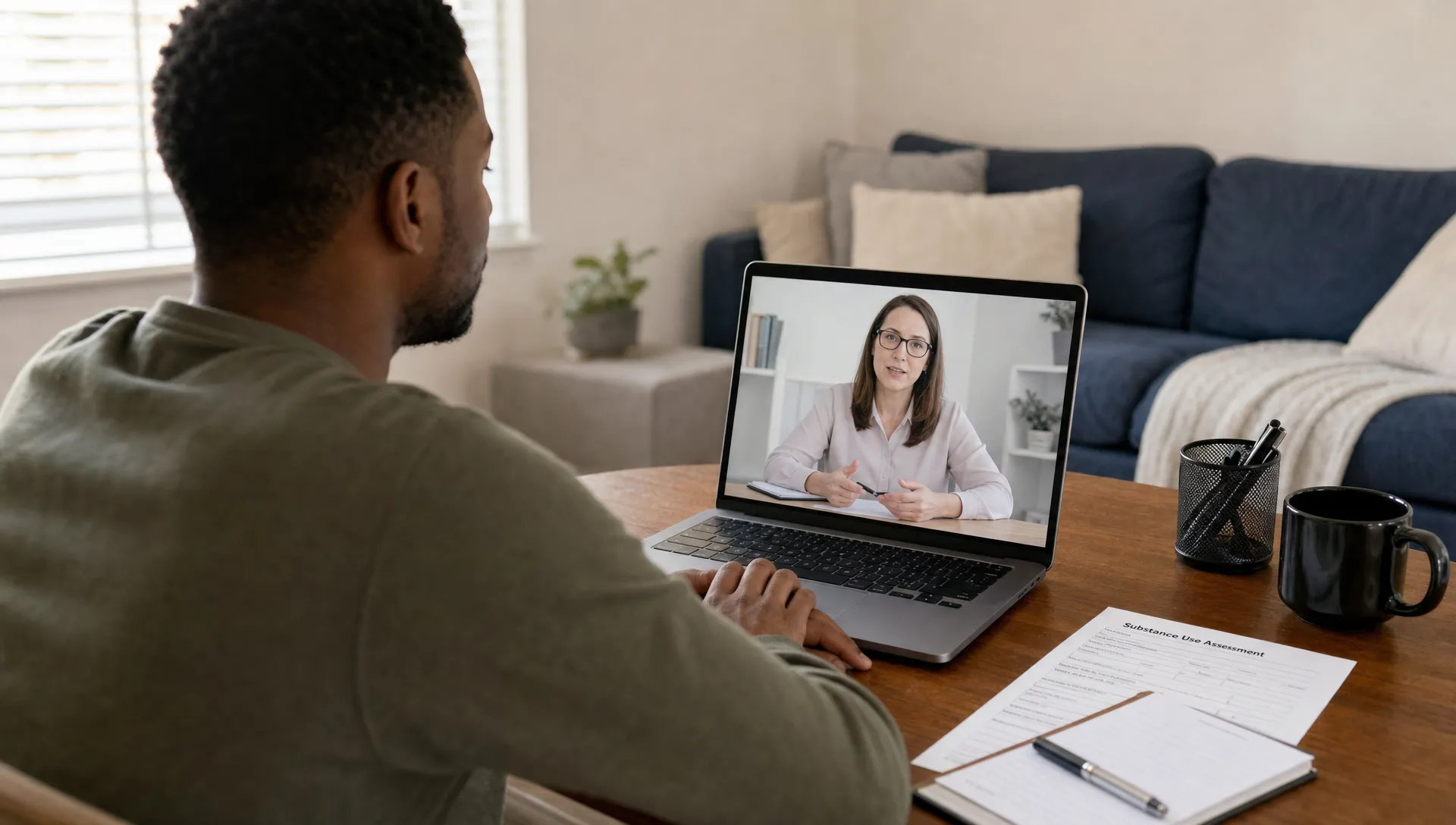 A private telehealth chemical use assessment shows a client at home speaking with an evaluator on a laptop, with documents placed nearby.