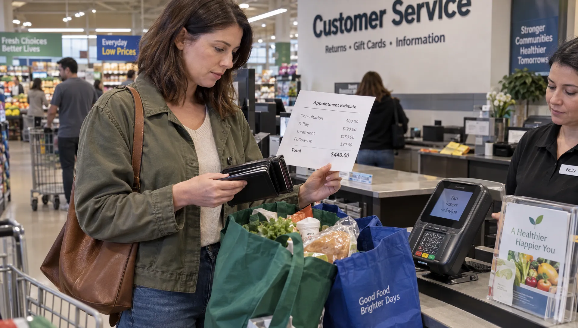 A shopper reviews an itemized evaluation estimate and payment options while standing at a store service counter.