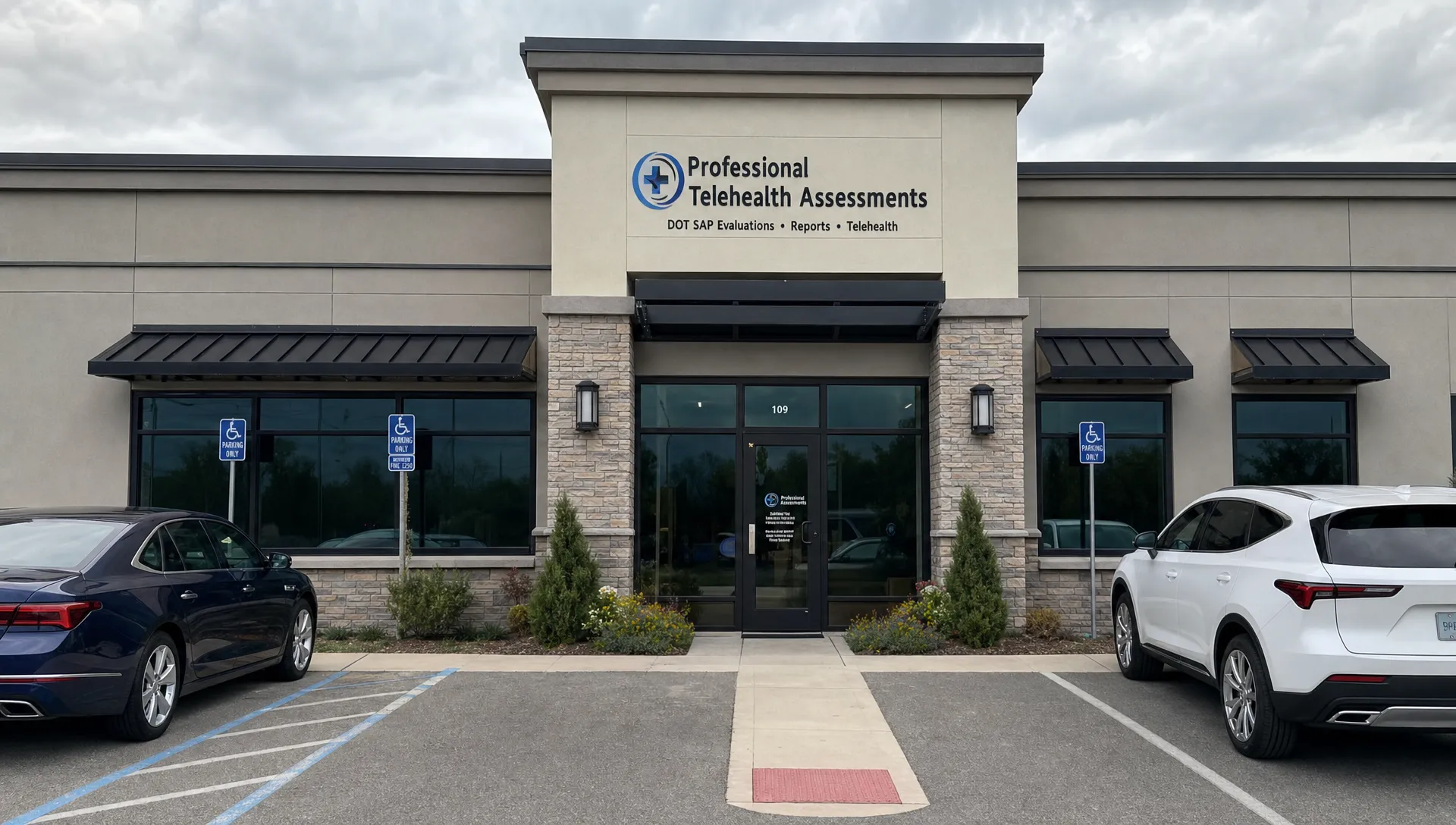 A telehealth assessment office exterior shows where a DOT-qualified SAP evaluation can be scheduled.