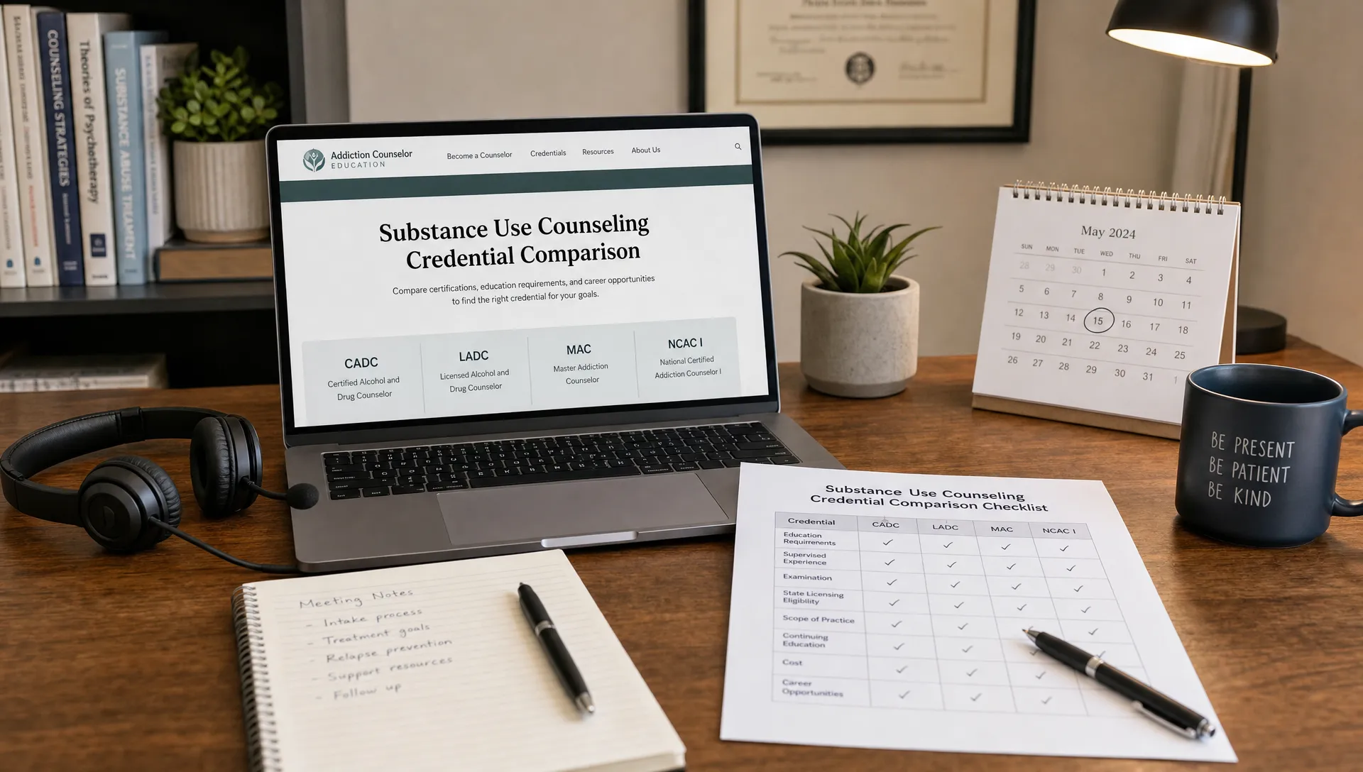A tidy counseling workspace with a laptop, headset, notebook, calendar and checklist for comparing substance use counseling credentials.