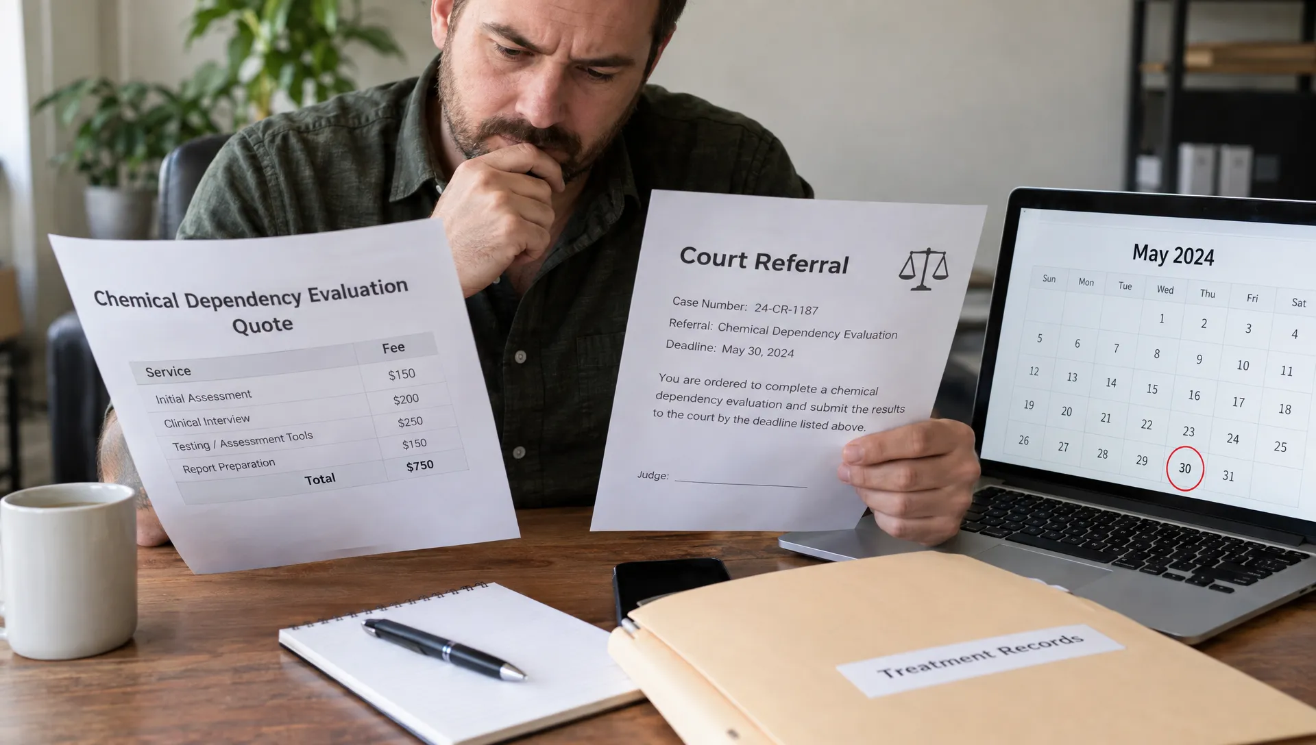 An adult compares an itemized chemical dependency evaluation quote with a court referral, deadline calendar, and records folder at a desk.