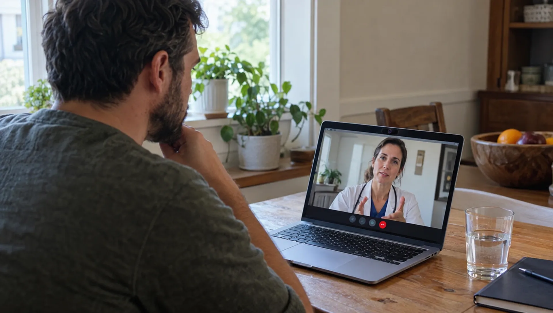 An adult discusses drinking patterns and health concerns with a clinician during an online alcohol addiction assessment.