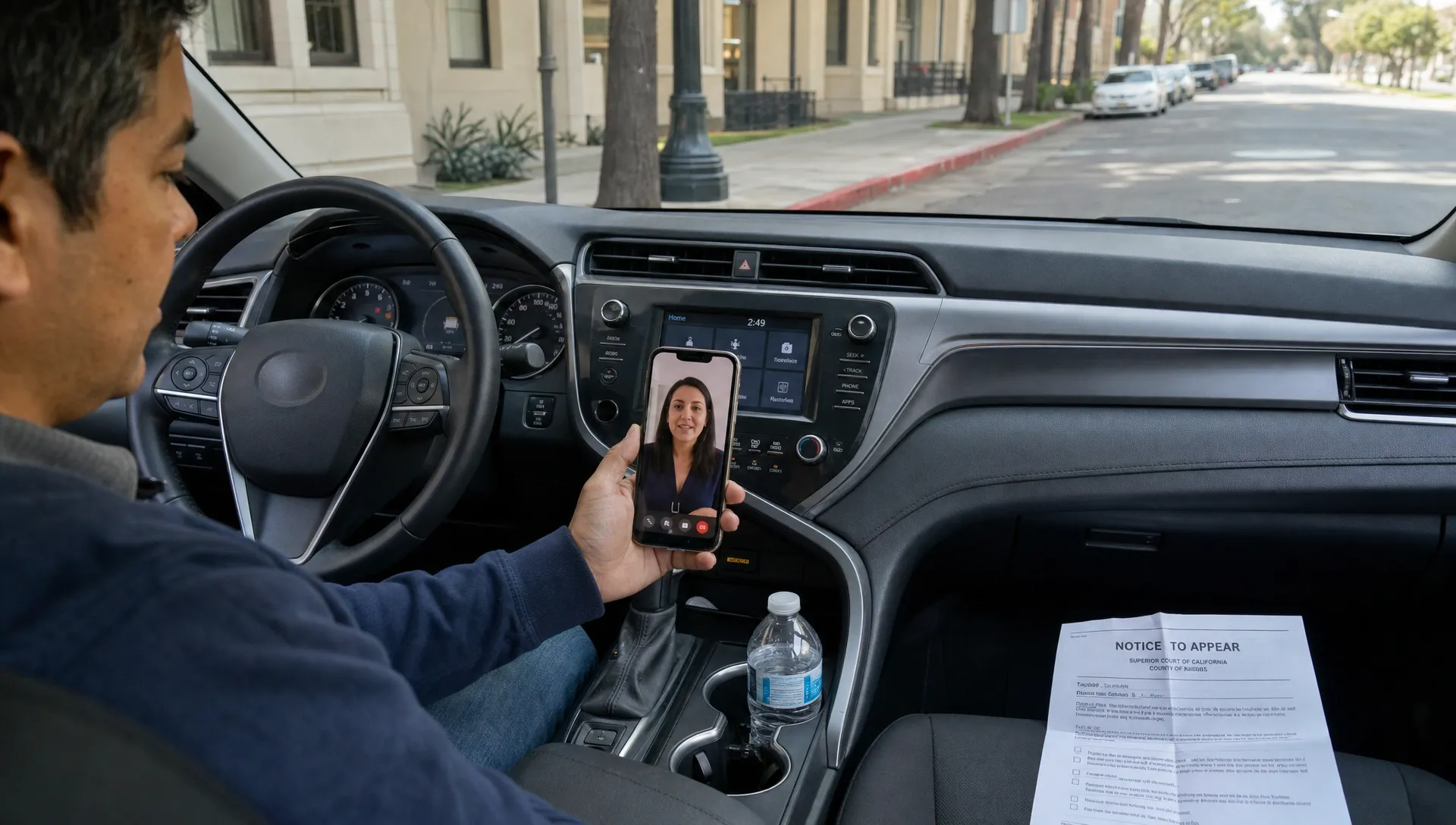 An adult joins a chemical use assessment from a parked car with a court notice on the passenger seat.
