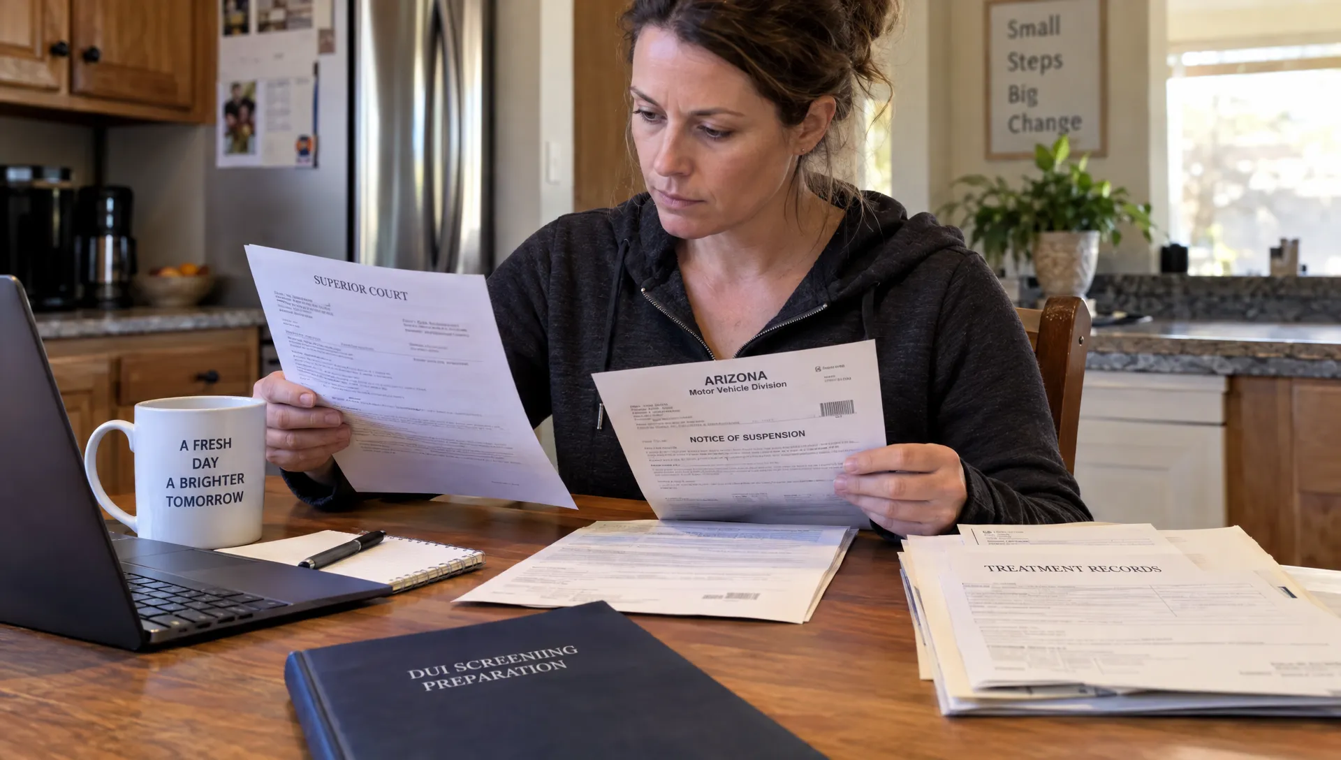 An adult reviews a court order, Arizona MVD notice and prior treatment records at a kitchen table while preparing for DUI screening.