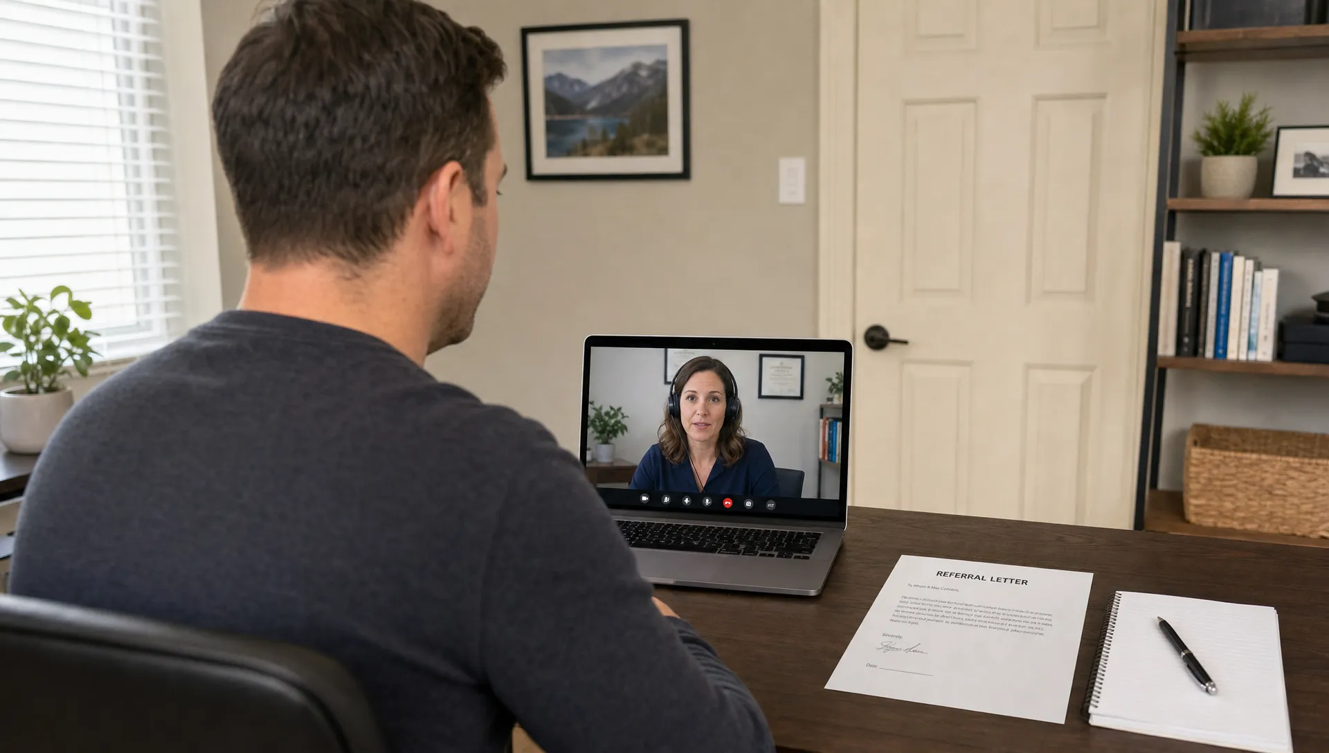 An adult sits at a desk during a telehealth alcohol assessment with a laptop, referral letter, and notepad in view.