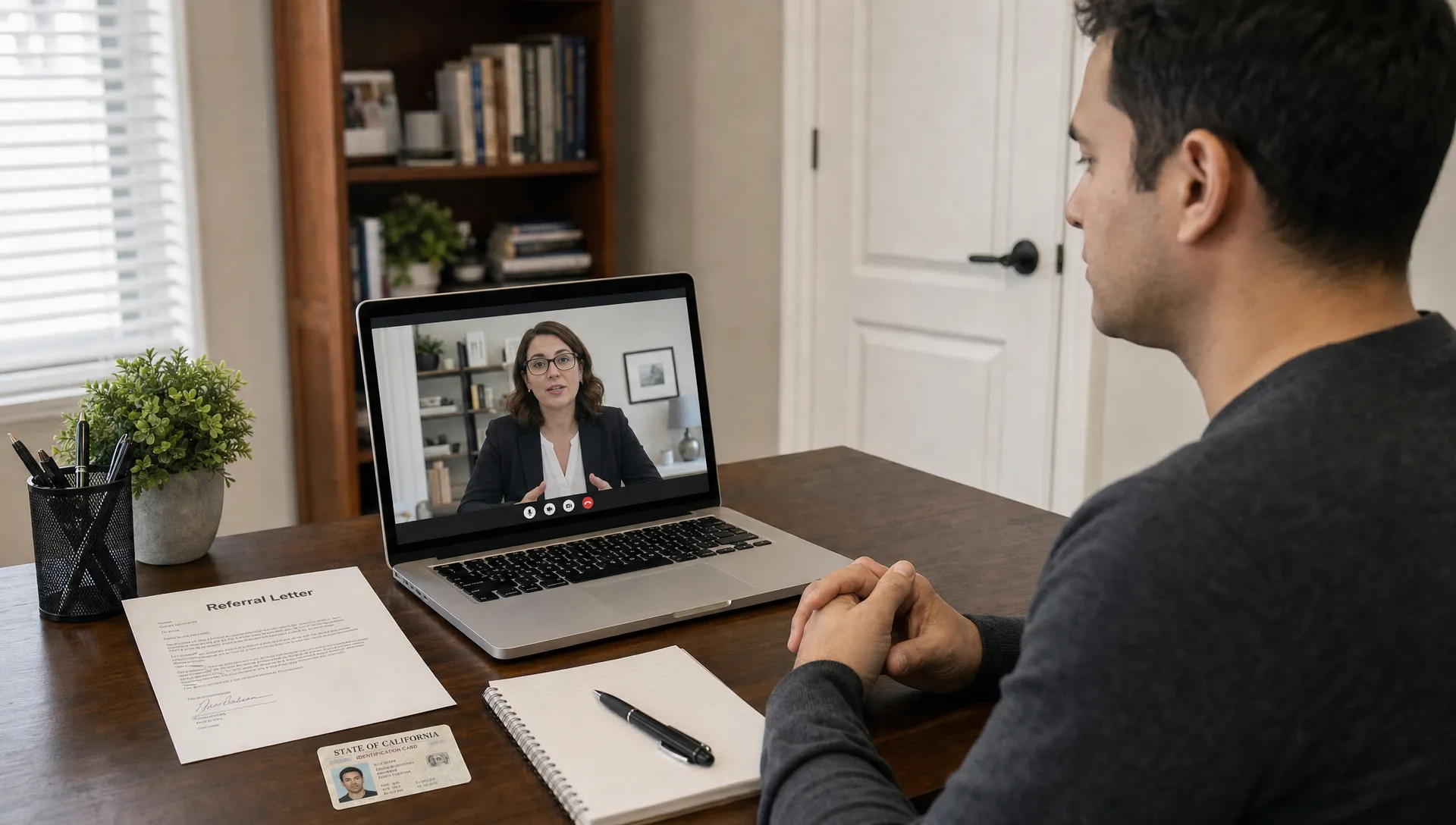 An adult sits at a desk during a telehealth drug assessment with a referral letter and ID card nearby.