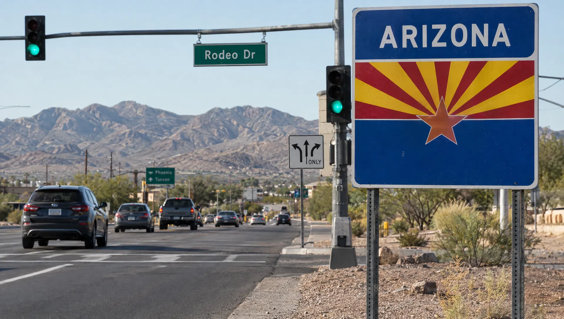 An Arizona highway sign stands above a roadway with traffic and desert foothills in the distance, placing DUI screening in its state context.