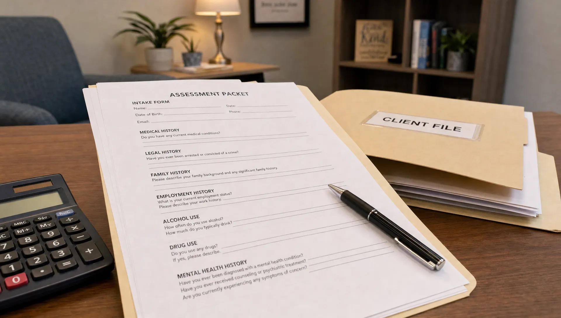 Assessment forms on a desk show the medical, legal, family, employment, alcohol, drug, and mental health sections of an ASI intake.