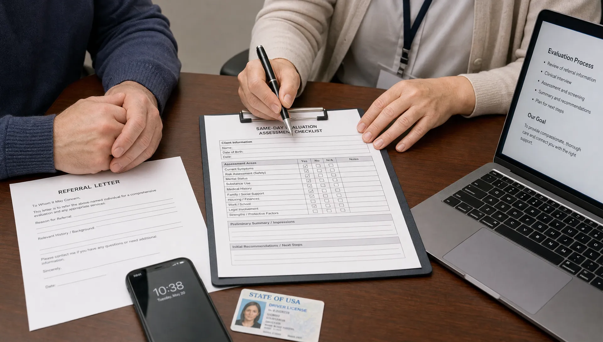 Hands review an assessment checklist beside ID, a referral letter, and a laptop during a same-day drug and alcohol assessment.